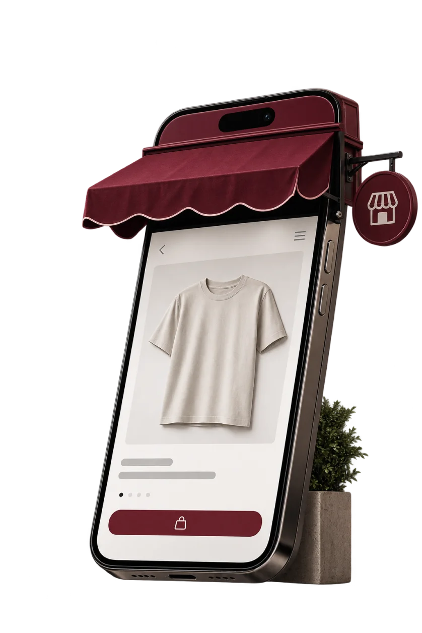 A phone dressed as a boutique storefront, with an awning and shop sign